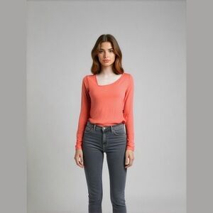 DG2 by Diane Gilman Coral Asymmetric Neckline shirt top tee Size XS Long Sleeve